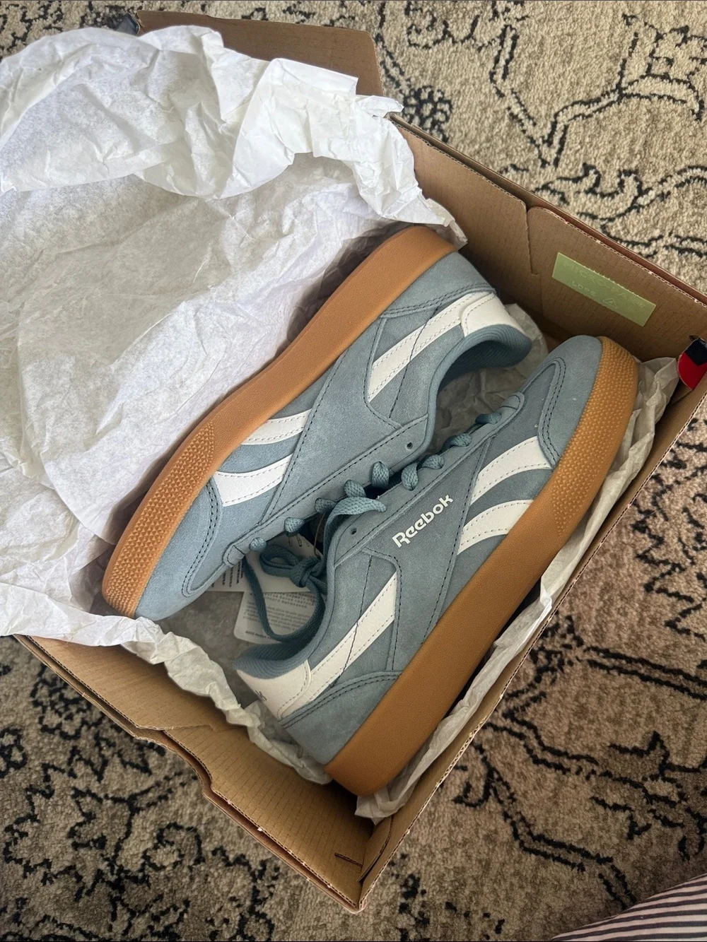 Reebok Classic Suede Sneakers in Light Blue and White with Gum Sole